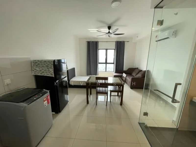 Living features: 3-seater fabric sofa in brown, coffee table, dining table with 4 chairs, floor-to-ceiling window, curtains, ceiling fan, wall-mounted air conditioning unit, tile flooring, refrigerator, washing machine; style: modern; view: city.
