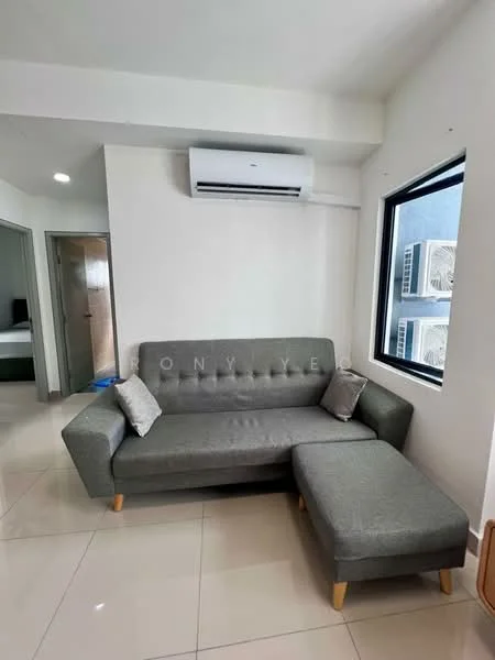 Living features: grey fabric L-shape sectional sofa, 2 decorative cushions, wall-mounted split AC, floor-to-ceiling window, white painted walls, glossy tile flooring, light-colored wooden legs on sofa, natural light from window; style: modern. Room features: doorway leading to another room, visible air conditioning units outside window.