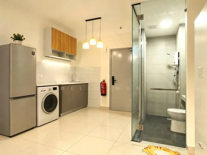 Kitchen features: grey cabinetry, white countertop, stainless-steel fridge, front-load washing machine, single-bowl stainless-steel sink, chrome pull-down faucet, 3 pendant lights, white tiled backsplash, ceramic tile flooring, wall-mounted fire extinguisher; style: modern. Bathroom features: walk-in shower with glass enclosure, chrome handheld shower, toilet, grey tile cladding, ceramic tile flooring, wall-mounted mirror, vanity with storage; style: modern.