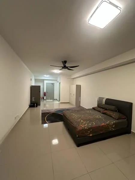 Bedroom features: king-size bed with patterned bedding, 2 built-in wardrobes, ceiling fan, recessed ceiling lights, white painted walls, glossy tile flooring, large window, door leading to hallway; style: modern.