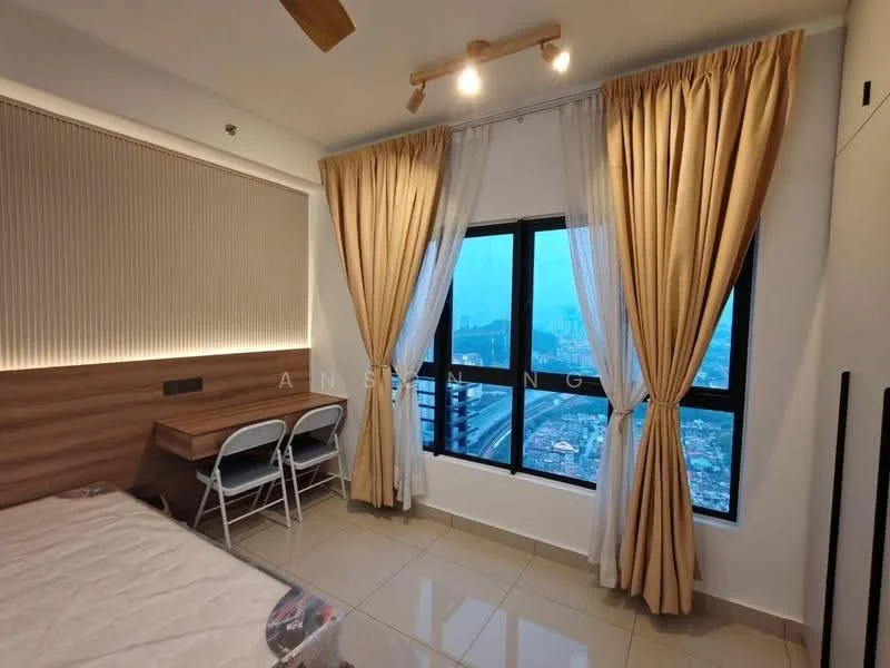 Bedroom features: queen-size bed, wooden headboard, 2 white folding chairs, wooden desk, floor-to-ceiling windows, sheer curtains, blackout curtains, recessed downlights, cream painted walls, tile flooring, city view; style: modern; view: city.