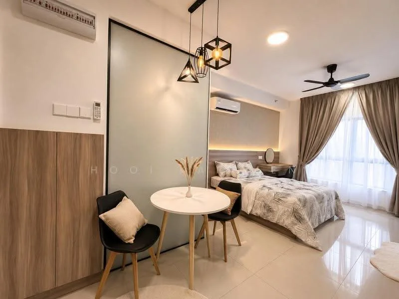 Bedroom features: king-size bed with patterned bedding, wooden headboard, 2 bedside tables, table lamps, wall-mounted air conditioning unit, ceiling fan with light, floor-to-ceiling window with sheer curtains, light-colored walls, glossy tile flooring, decorative wall paneling, small round dining table, 2 black dining chairs, decorative plant in vase; style: modern.