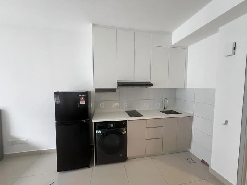Kitchen features: black fridge, built-in oven, stainless-steel range hood, double-bowl stainless-steel sink, chrome pull-down faucet, black washing machine, white cabinetry, grey countertop, white tiled backsplash, ceramic tile flooring, recessed downlights; style: modern.