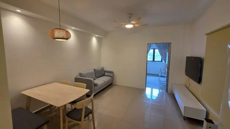 Living features: 3-seater fabric sofa in grey, wooden dining table for 4, 4 dining chairs, ceiling fan, recessed LED downlights, wall-mounted TV, light-colored walls, glossy tile flooring, window with sheer curtains; style: modern; view: city.