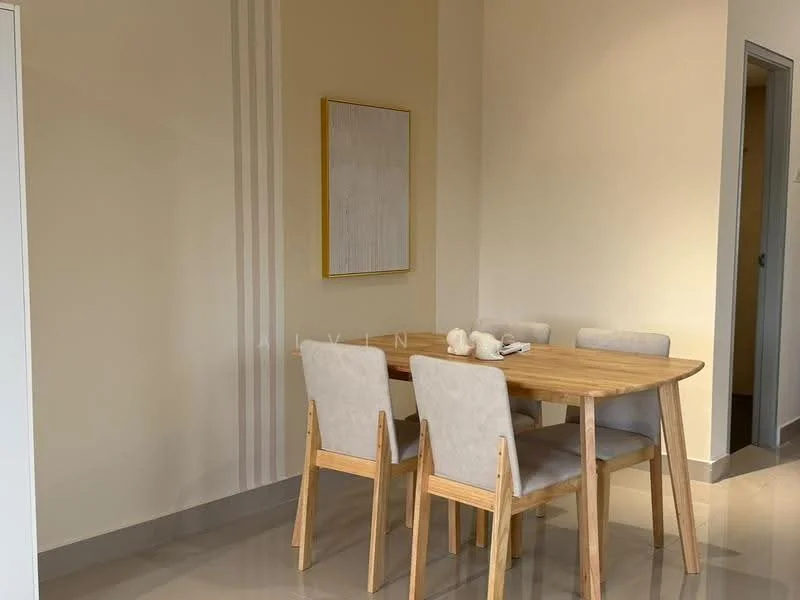 Dining features: wooden dining table, 4 dining chairs with fabric upholstery, light grey walls, cream painted walls, polished tile flooring, framed artwork on wall, decorative items on table; style: modern.