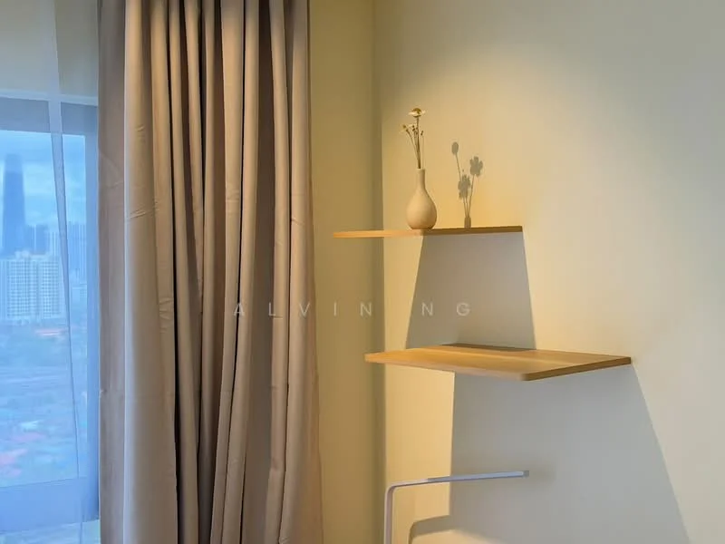 Room features: light yellow painted walls, floating wooden shelves, sheer curtains, floor-to-ceiling window, city skyline view; style: modern; view: city.