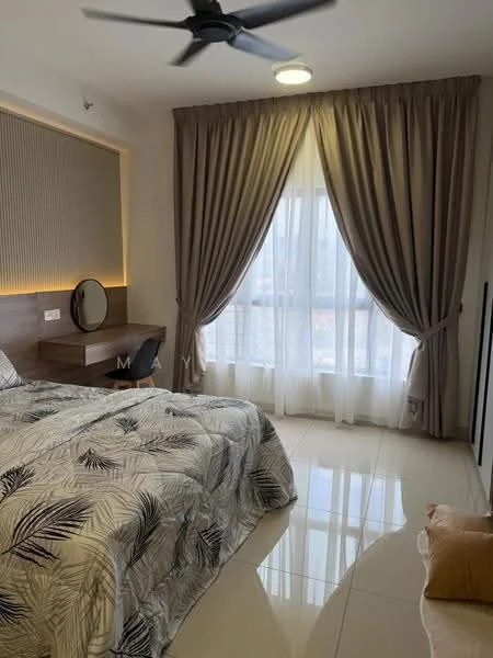 Bedroom features: king-size bed with patterned bedding, upholstered headboard, wooden bedside table, wall-mounted mirror, floor-to-ceiling window, sheer curtains, blackout curtains, ceiling fan, recessed lighting, glossy tile flooring, decorative wall paneling, study desk with chair; style: modern; view: city.