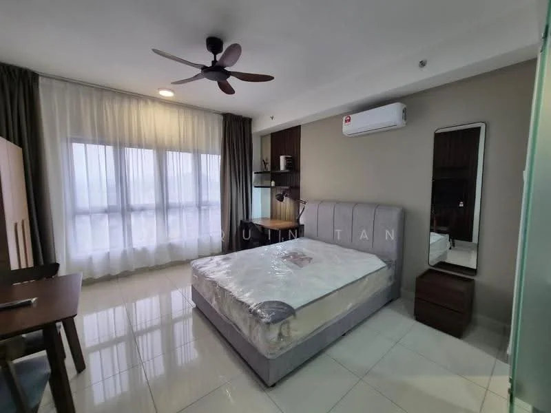 Bedroom features: queen-size bed, upholstered headboard, 2 bedside tables, wall-mounted TV, study desk, ceiling fan with light, floor-to-ceiling windows, sheer curtains, light-colored walls, tile flooring, air conditioning unit; style: modern; view: city.