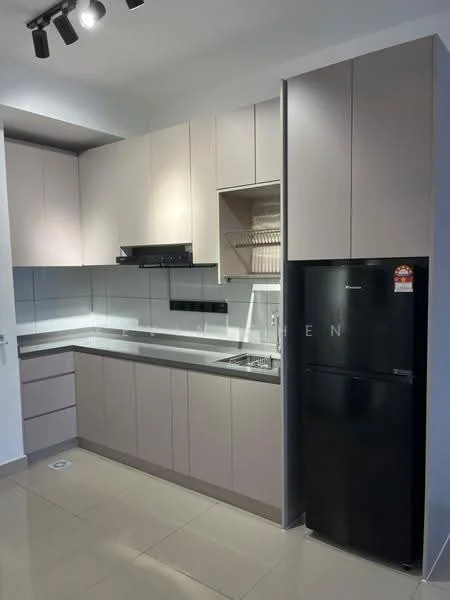 Kitchen features: light grey cabinetry, stainless-steel sink, chrome pull-down faucet, black refrigerator, built-in oven, ceramic tile backsplash, grey countertop, under-cabinet lighting, open shelving, kitchen exhaust hood, floor-to-ceiling cabinets, tile flooring; style: modern.