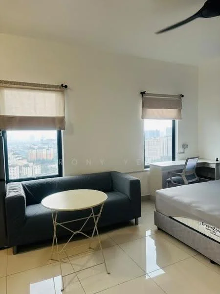 Living features: grey fabric sofa, round white table, floor-to-ceiling windows, roller blinds, white painted walls, glossy tile flooring, ceiling fan, desk with chair; style: modern; view: city.