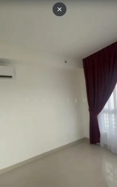 Room features: white painted walls, cream tiled flooring, floor-to-ceiling window, red curtains, 1 wall-mounted split AC.