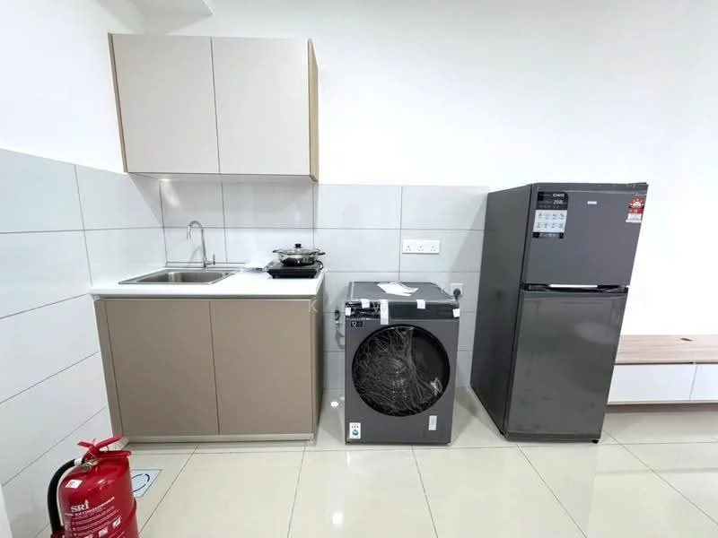 Kitchen features: single-bowl stainless-steel sink, chrome pull-down faucet, light brown cabinetry, white tiled backsplash, grey washing machine, stainless-steel fridge, white countertop, fire extinguisher, ceramic tile flooring, built-in stove, wall-mounted cabinets; style: modern.