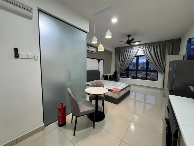 Living features: floor-to-ceiling windows, grey curtains, 5-blade ceiling fan, recessed downlights, white painted walls, glossy tile flooring, round dining table, 2 upholstered dining chairs, queen-size bed, mattress on bed frame, wall-mounted TV, built-in wardrobe, fire extinguisher, air conditioning unit; style: modern; view: city.