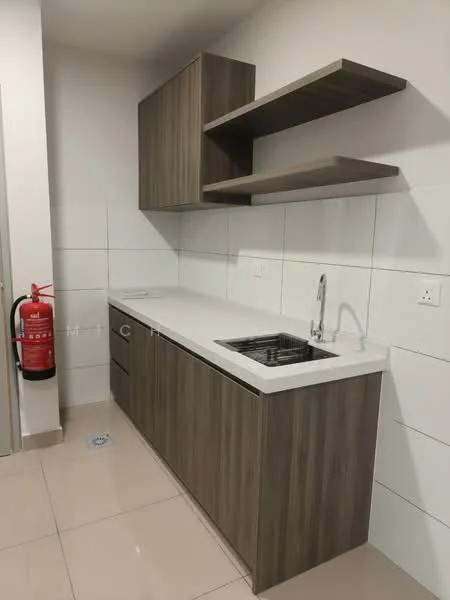 Kitchen features: laminate cabinetry in wood finish, white quartz countertop, single-bowl stainless-steel sink, chrome pull-down faucet, open shelving above countertop, white tiled backsplash, light-colored floor tiles, fire extinguisher mounted on wall; style: modern.