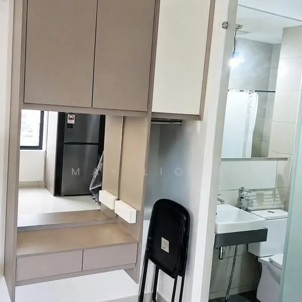 Room features: light-colored wall cabinets, mirror, white countertop, black chair, stainless-steel fridge, white sink, wall-mounted faucet, shower curtain, glass shower enclosure, tile flooring, ceiling light fixture; style: modern.
