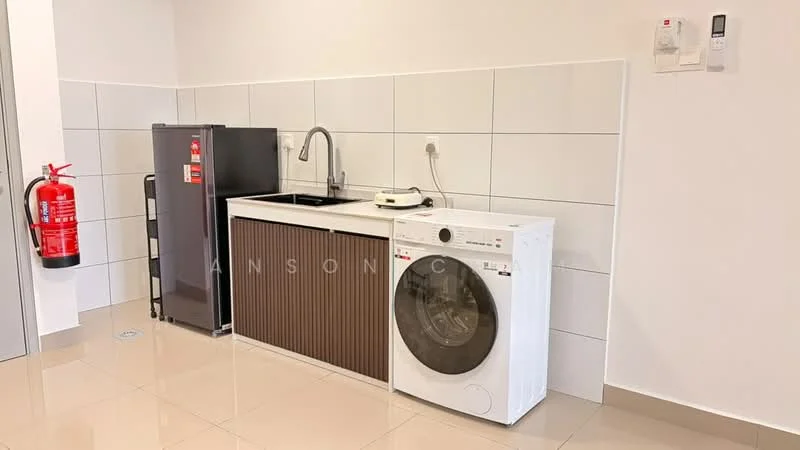 Laundry features: white walls, glossy tile flooring, single-bowl stainless-steel sink, chrome pull-down faucet, built-in cabinetry with wood finish, front-load washing machine, stainless-steel fridge, fire extinguisher mounted on wall, power outlet, wall-mounted intercom; style: modern.