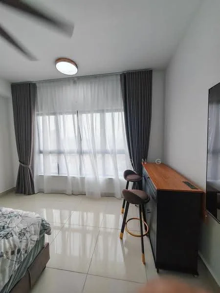 Bedroom features: queen-size bed with floral bedding, floor-to-ceiling windows, sheer white curtains, grey curtains, wooden bedside table, bar stools, flat-screen TV mounted on wall, light fixture with circular design, glossy tile flooring, neutral painted walls, ceiling fan; style: modern.