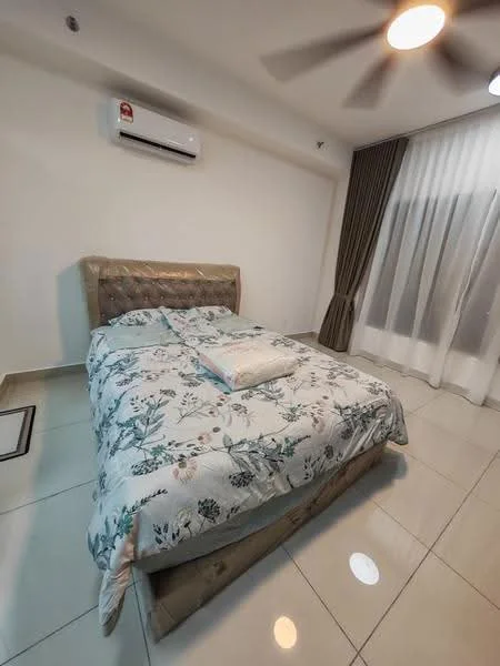 Bedroom features: queen-size bed with upholstered headboard, floral patterned bedding, 2 bedside pillows, 1 wall-mounted split AC unit, floor-to-ceiling window with sheer curtains, cream painted walls, glossy tile flooring, ceiling fan with light, decorative wall art; style: modern.