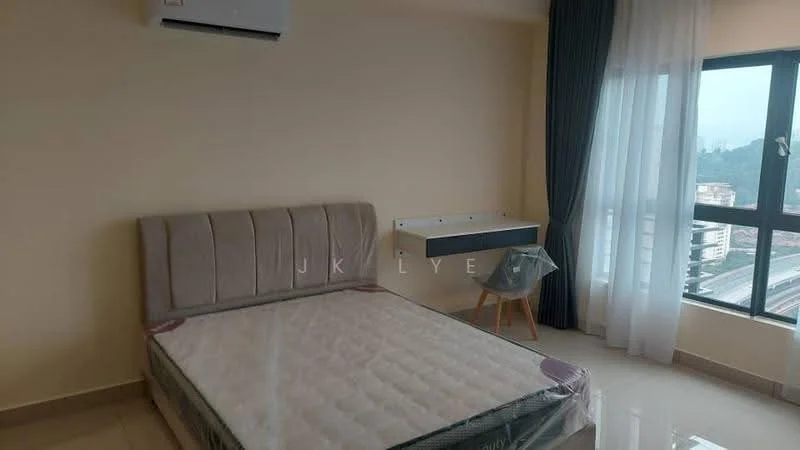 Bedroom features: queen-size bed, upholstered headboard, floor-to-ceiling window, curtains, wall-mounted shelf, air conditioning unit, light-colored painted walls, glossy tile flooring; style: modern; view: city.