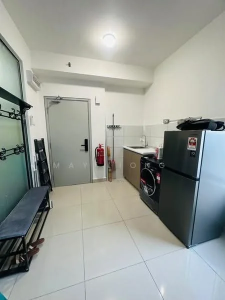 Kitchen features: white painted walls, ceramic tile flooring, recessed downlights, single-bowl stainless-steel sink, chrome pull-down faucet, white cabinetry, built-in washing machine, stainless-steel fridge, countertop, fire extinguisher mounted on wall, bench seating, door with security lock; style: modern.