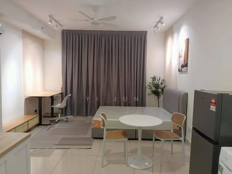 Living features: white painted walls, grey curtains, ceiling fan, recessed downlights, laminate flooring, round dining table, 2 dining chairs, study desk with chair, bed frame without mattress, area rug, potted plant, refrigerator; style: modern.
