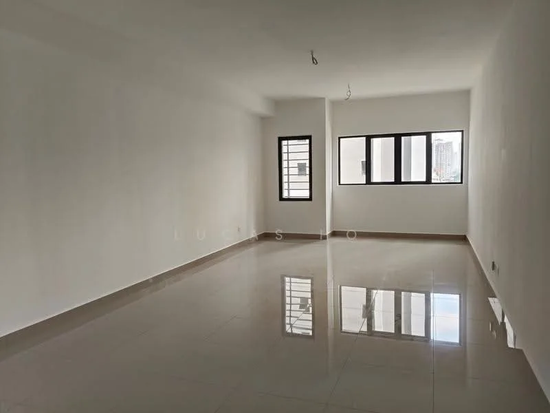 Living features: white painted walls, glossy ceramic tile flooring, floor-to-ceiling windows, natural light from windows, neutral color scheme, no visible furniture, minimalist design, smooth ceiling with no fixtures; style: modern; view: city.