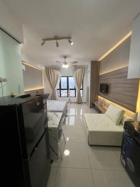 Living features: white leather sofa, coffee table, wall-mounted TV, wood panel accent wall, recessed lighting, ceiling fan, floor-to-ceiling windows, curtains, marble tile flooring, black refrigerator, washing machine, dining table with chairs; style: modern; view: city.