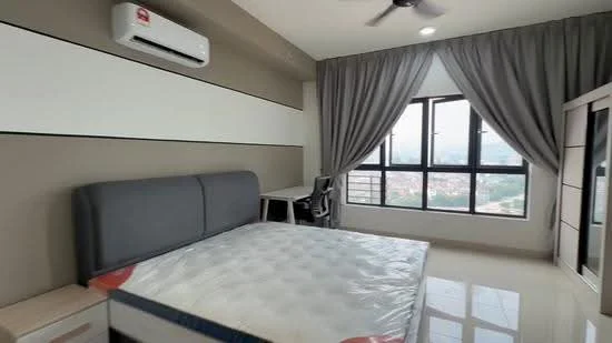 Bedroom features: king-size bed, upholstered headboard, 2 bedside tables, desk with chair, floor-to-ceiling windows, grey curtains, wall-mounted split AC, white painted walls, light-colored tile flooring, ceiling fan with light; style: modern; view: city.