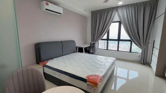 Bedroom features: queen-size bed with mattress protector, grey upholstered headboard, floor-to-ceiling windows, sheer curtains, wall-mounted split AC, study desk, chair, light-colored walls, glossy tile flooring, built-in wardrobe; style: modern; view: city.