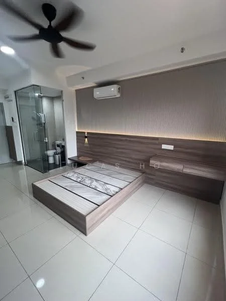 Bedroom features: king-size bed with wooden platform, marble top on bed platform, wood panel accent wall, recessed lighting, wall-mounted bedside lamp, floor-to-ceiling glass shower enclosure, wall-mounted air conditioning unit, ceiling fan, glossy tile flooring, built-in wardrobe, neutral color palette; style: modern.