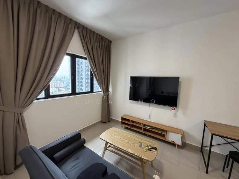 Living features: floor-to-ceiling windows, grey curtains, black fabric sofa, wooden coffee table, TV console, wall-mounted TV, light-colored walls, glossy tile flooring, study desk, decorative plant; style: modern; view: city.