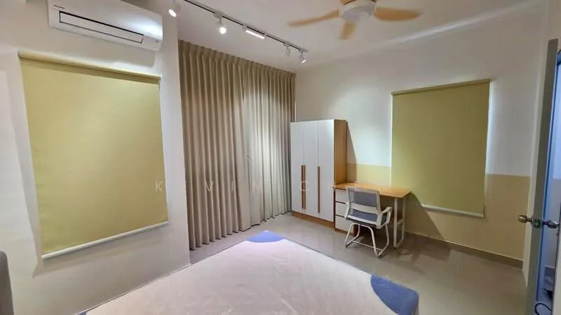 Bedroom features: cream painted walls, light-colored flooring, 5-blade ceiling fan, wall-mounted split AC, roller blinds on windows, curtains, built-in wardrobe with sliding doors, study desk with chair; style: modern.