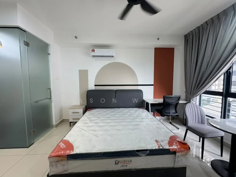 Bedroom features: queen-size bed, upholstered headboard, 2 bedside lamps, 1 wall-mounted split AC, ceiling fan, floor-to-ceiling window, curtains, study desk, chair, dining table, grey accent wall, white painted walls, tile flooring; style: modern; view: city.