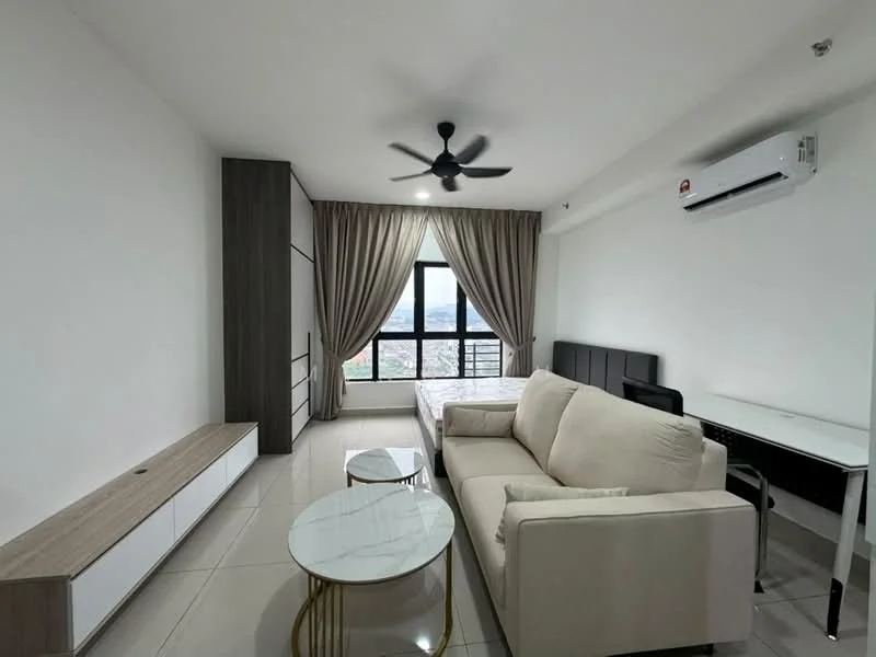 Living features: beige fabric sofa, white coffee table with gold legs, TV console with white cabinetry, floor-to-ceiling windows, curtains in light beige, wall-mounted split AC, ceiling fan with light, light grey tiled flooring, decorative wall paneling, study desk with black finish; style: modern; view: city.