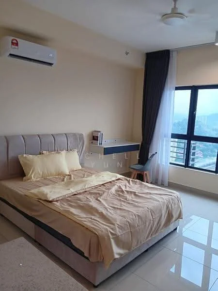 Bedroom features: queen-size bed with upholstered headboard, light yellow bedding, floor-to-ceiling window, curtains, 1 wall-mounted split AC, light-colored painted walls, glossy tile flooring, nightstand, built-in wardrobe, study desk, chair; style: modern; view: city.