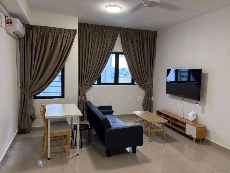 Living features: grey fabric sofa, wooden coffee table, TV console with storage, wall-mounted TV, dining table for two, wooden dining chairs, floor-to-ceiling windows, curtains in brown, wall-mounted air conditioning unit, polished tile flooring, recessed ceiling lights, ceiling fan; style: modern; view: city.