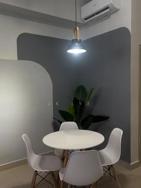 Dining features: round white dining table, 4 white plastic dining chairs, grey accent wall, light fixture with wooden accents, wall-mounted split AC, indoor plant in ceramic pot, cream tiled flooring; style: modern.