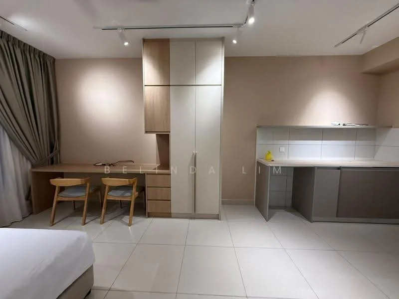 Room features: white walls, cream accent wall, floor-to-ceiling window with sheer curtains, light-colored tiled flooring, built-in cabinetry, desk with two wooden chairs, kitchenette with countertop, stainless-steel sink, wall-mounted cabinets, recessed lighting; style: modern.
