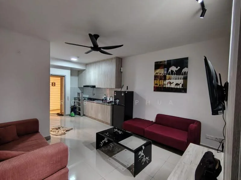 Living features: 3-seater fabric sofa in red, 2-seater fabric sofa in maroon, glass coffee table, wall-mounted TV, ceiling fan with light, recessed downlights, white painted walls, tile flooring, kitchenette visible in background, open layout, decorative artwork on wall; style: modern. Kitchen features: kitchen cabinets in light wood, stainless-steel fridge, built-in oven, ceramic cooktop, sink, tile backsplash, countertop, open shelving; style: modern.