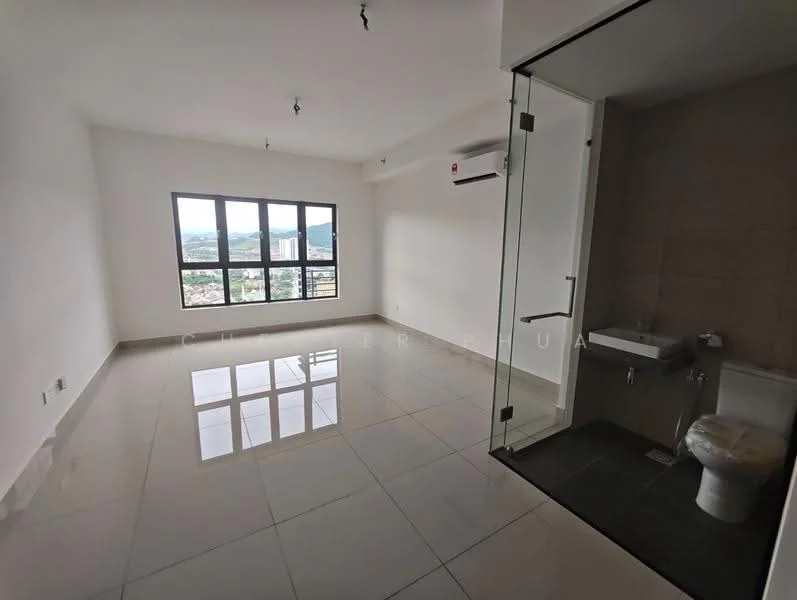 Room features: white painted walls, glossy ceramic tile flooring, floor-to-ceiling windows, mountain view, 1 wall-mounted split AC, recessed downlights, glass shower enclosure, toilet, sink, neutral tile cladding, open layout; style: modern; view: mountain.