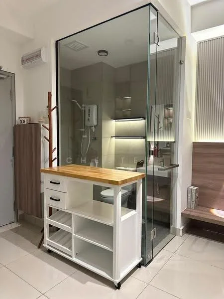 Bathroom features: glass shower enclosure, rain shower head, handheld shower, white vanity with wooden countertop, single-sink vanity, mirror above vanity, built-in storage shelves, white tiled flooring, recessed lighting, wall-mounted hairdryer, toilet, towel rack; style: modern.