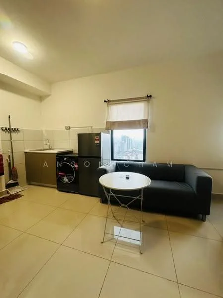 Kitchen features: grey cabinetry, stainless-steel fridge, front-load washing machine, single-bowl stainless-steel sink, chrome pull-down faucet, white tiled backsplash, ceramic tile flooring, window with sheer curtains, recessed downlights, 2-seater round dining table, black fabric sofa, fire extinguisher; style: modern; view: city.