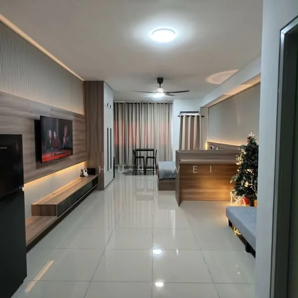 Living features: grey fabric sofa, wooden coffee table, TV console with built-in storage, wall-mounted TV, recessed ceiling lights, 5-blade ceiling fan with light, cream painted walls, glossy white tile flooring, curtains, decorative Christmas tree, high table with stools; style: modern.