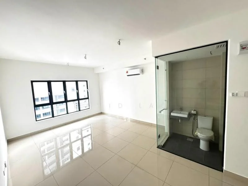 Room features: white painted walls, glossy ceramic tile flooring, floor-to-ceiling windows, 1 wall-mounted split AC, recessed downlights, glass enclosure for bathroom, toilet, sink, neutral tile cladding, open layout; style: modern; view: city.