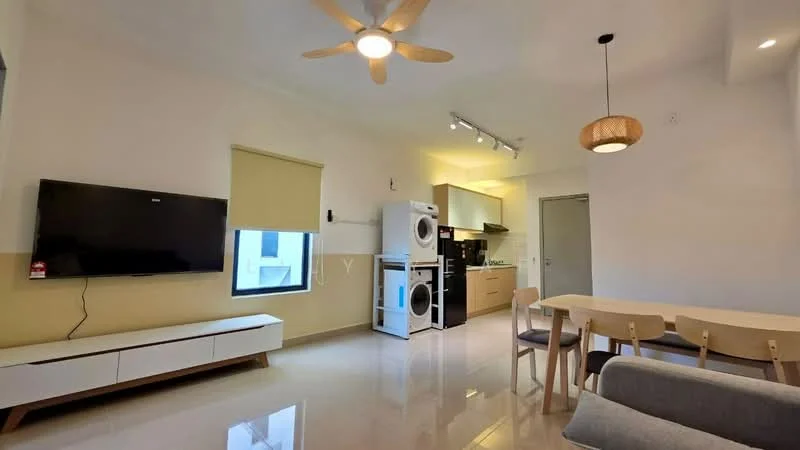 Living features: 3-seater fabric sofa in grey, wooden dining table for 4, 4 dining chairs, wall-mounted TV, TV console with storage, ceiling fan, recessed LED downlights, large window with roller blinds, polished tile flooring, white painted walls, kitchen area with built-in cabinets, stackable washer and dryer; style: modern.