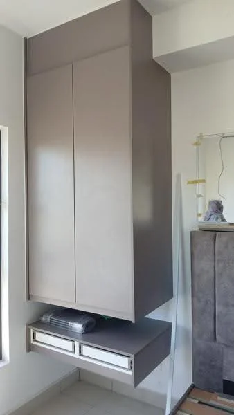 Room features: wall-mounted cabinet with two doors, drawer unit below cabinet, smooth surface finish, neutral brown color, minimalist design, no visible handles, built-in lighting, ceramic tile flooring; style: modern.