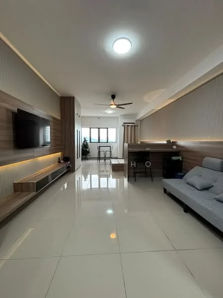 Living features: grey fabric sofa, wall-mounted TV, wooden TV console, recessed LED lighting, ceiling fan with light, glossy tile flooring, decorative wall paneling, large windows with natural light, open layout to dining area, small dining table, indoor plant; style: modern.