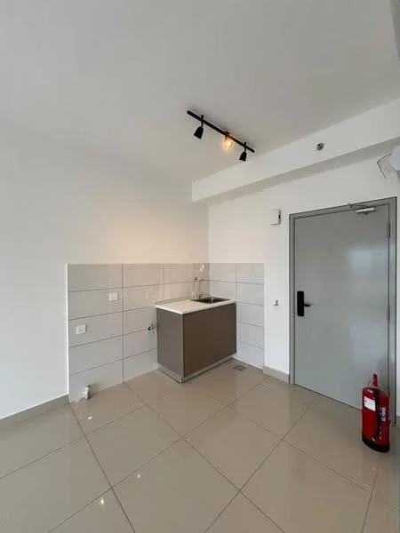 Room features: white painted walls, grey cabinetry, single-bowl stainless-steel sink, chrome pull-down faucet, ceramic tile flooring, track lighting, fire extinguisher, door with electronic lock, wall-mounted intercom, white tiled backsplash; style: modern.