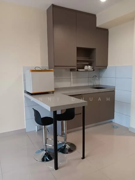 Kitchen features: brown cabinetry, white countertop, single-bowl stainless-steel sink, chrome pull-down faucet, built-in microwave, open shelving, tile backsplash, ceramic tile flooring, bar-height table, 2 black bar stools; style: modern.