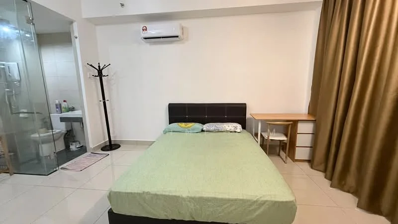 Bedroom features: queen-size bed, green bedspread, nightstand, wall-mounted air conditioning unit, floor-to-ceiling window with brown curtains, tile flooring, clothes rack, attached bathroom visible, white painted walls; style: modern.